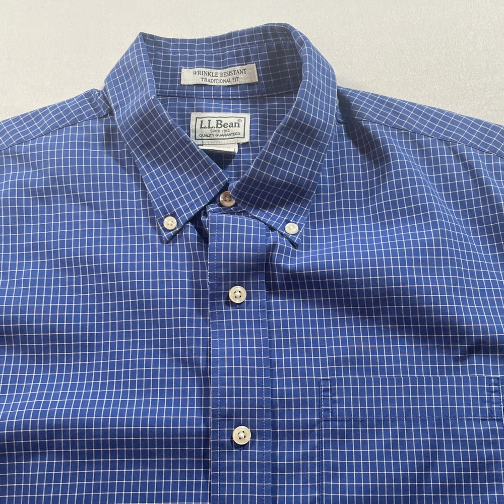 LL Bean Button Down Shirt Mens Large Blue Grid Wrinkle Resistant Traditional Fit